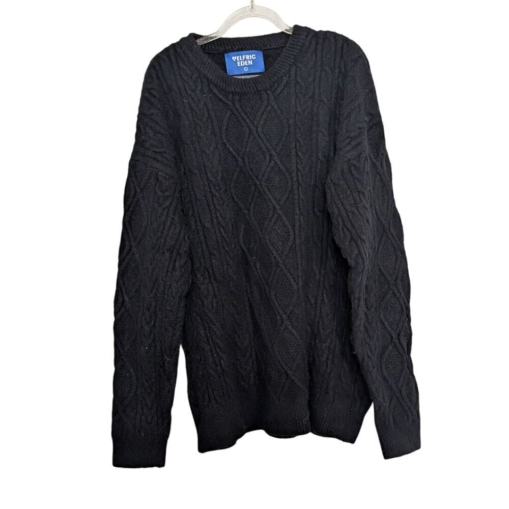 Elfric Eden Cable Knit Sweater Mens Size Large Black Fisherman Crewneck Pullover